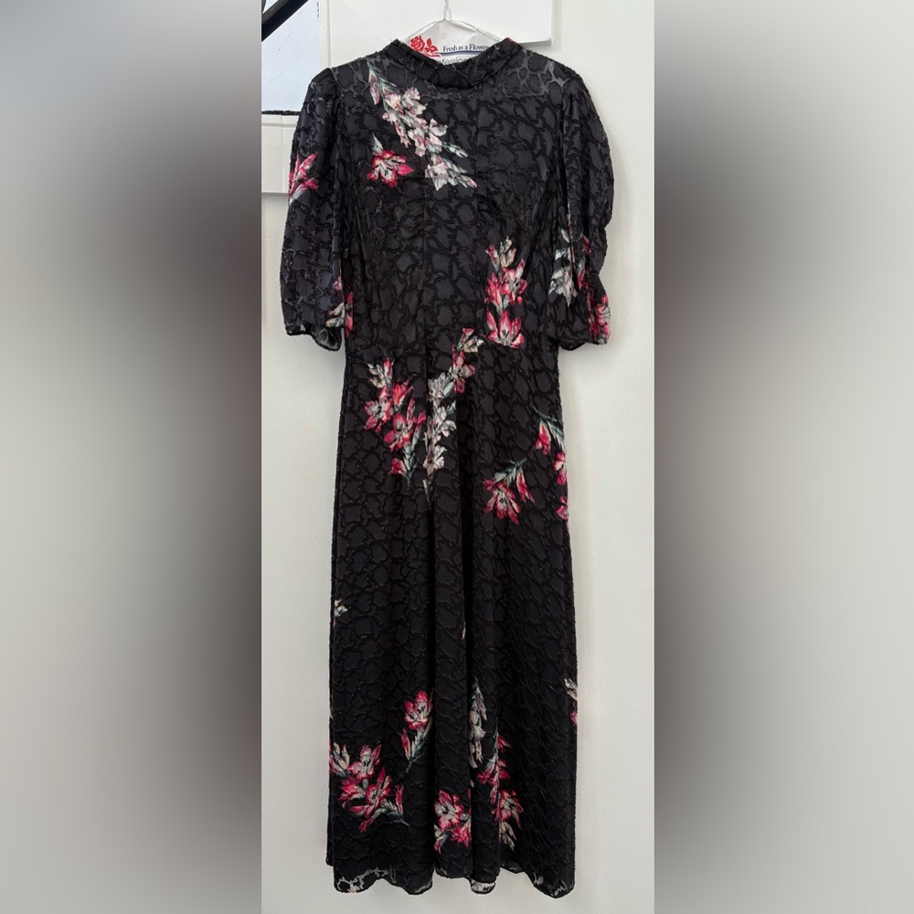 Rebecca Taylor Floral Print Black Dress with Velvet Detail